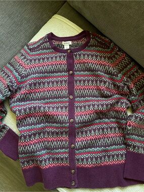 L.L. Bean Plum Fair Isle Button-Front Cardigan